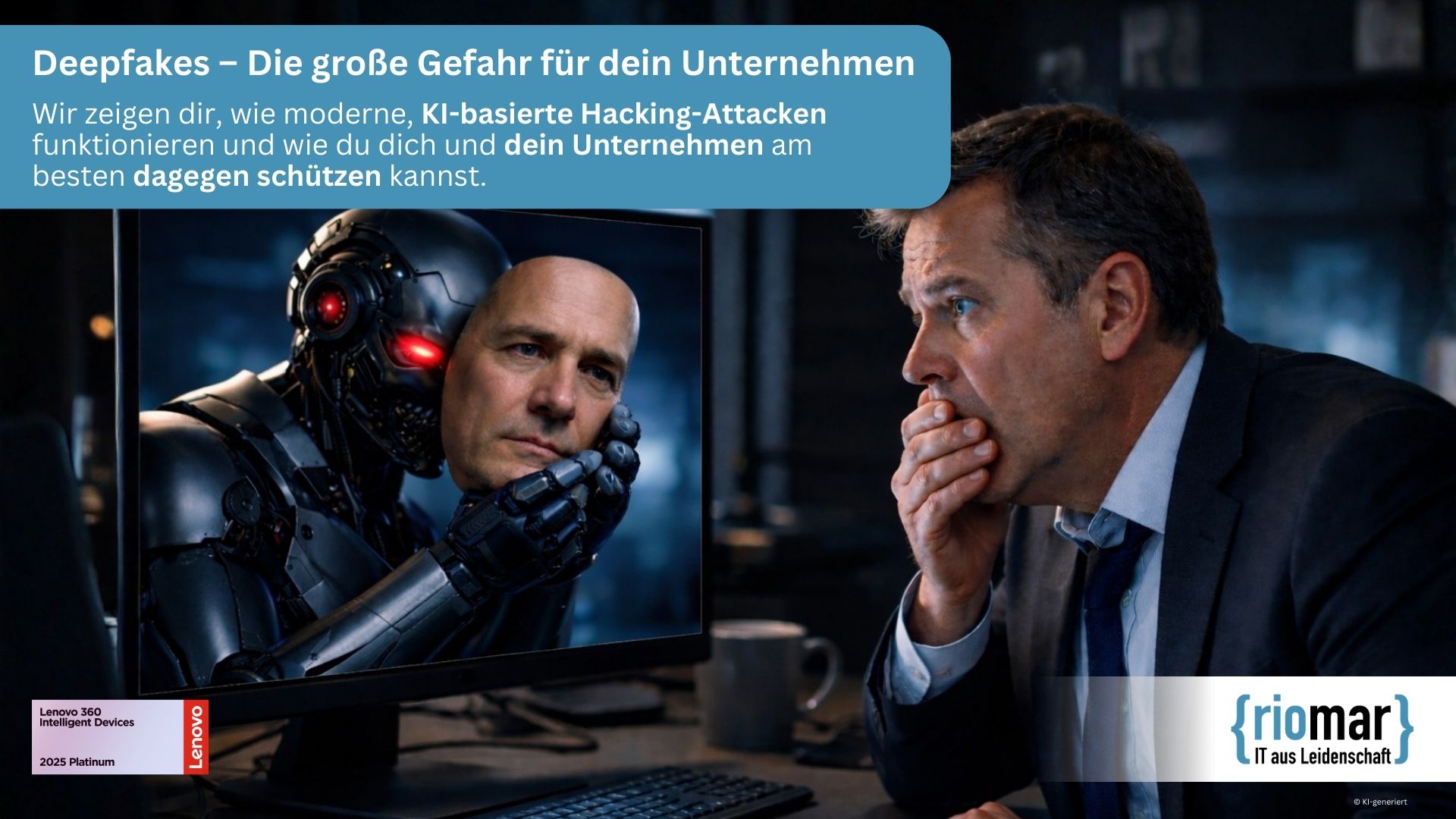 Wir zeigen dir, wie moderne, KI-basierte Hacking-Attacken wie Deepfakes funktionieren und wie du dich und dein Unternehmen in der Region Wiesbaden mit riomar am besten dagegen schützen kannst.