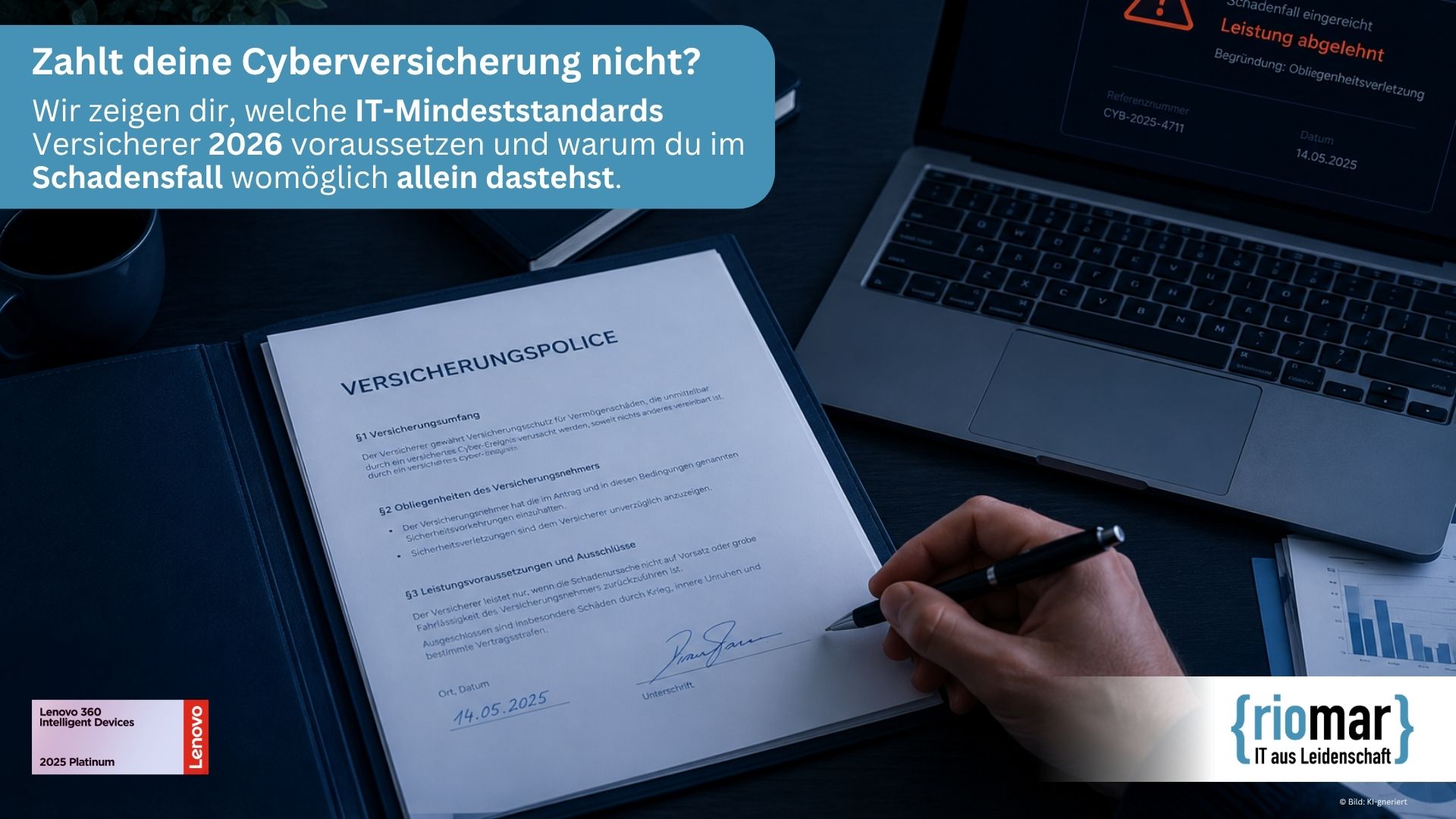 Cyberversicherung 2026: riomar dir, welche IT-Mindeststandards Versicherer 2026 voraussetzen und warum du im Schadensfall womöglich allein dastehst.